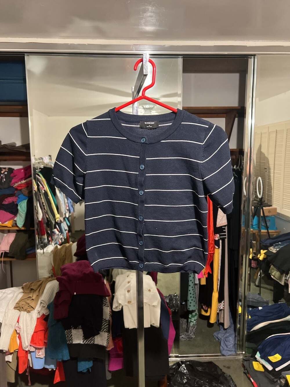 The Work Shop Women's Navy Blue Striped Short Sleeve Button-Up Cardigan Sweater